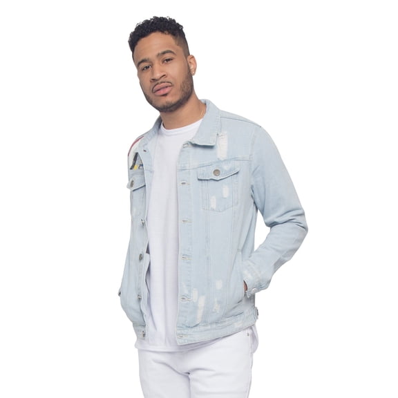 Victorious Men's Casual Distressed Colorful Painted Tiger Denim Jean Jacket DK165 - Light Indigo - 2X-Large