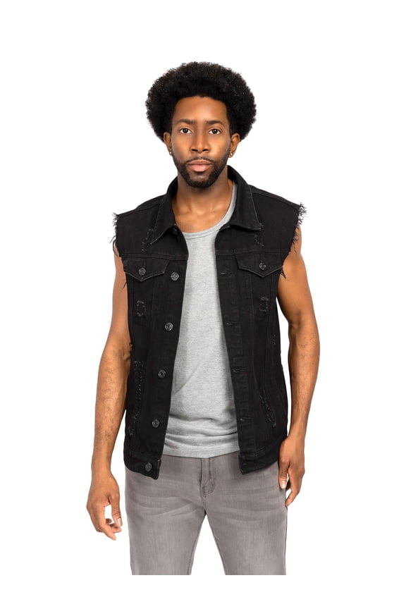 Victorious Men's Classic Distressed Biker Denim Jean Vest DK101 - Classic Black - Large