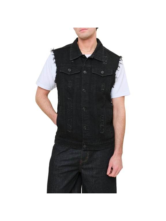 Victorious Men's Classic Distressed Biker Denim Jean Vest DK101 - Classic Black - Large