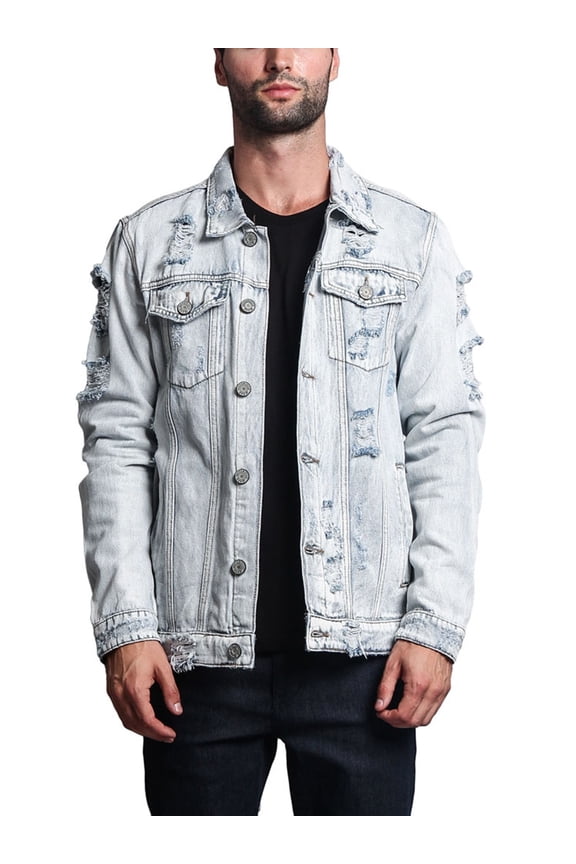 Victorious Men's Classic Distressed Denim Trucker Jean Jacket DK100 - Light Indigo - Medium