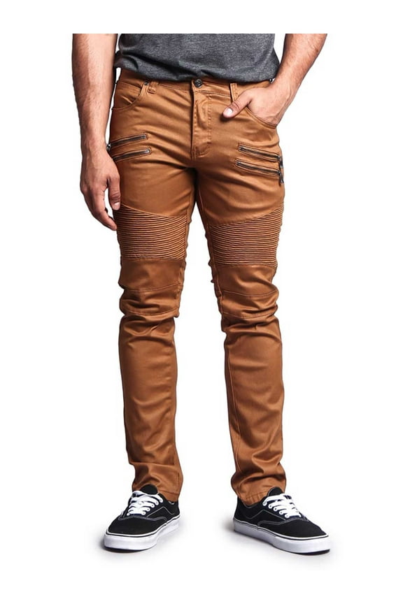 Victorious Men's Coated Slim Fit Moto Pants Biker Jeans - Dark Wheat - 38/30