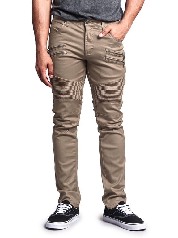Victorious Men's Coated Slim Fit Moto Pants Biker Jeans - Khaki - 32/32