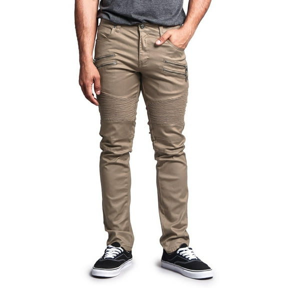 Victorious Men's Coated Slim Fit Moto Pants Biker Jeans - Khaki - 34/32