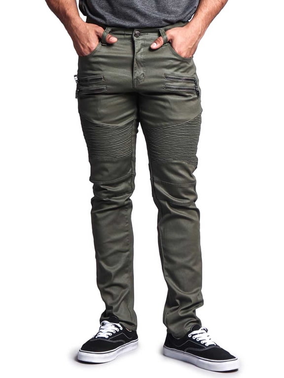 Victorious Men's Coated Slim Fit Moto Pants Biker Jeans - Olive - 28/30