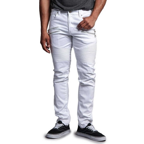 Victorious Men's Coated Slim Fit Moto Pants Biker Jeans - White - 30/30