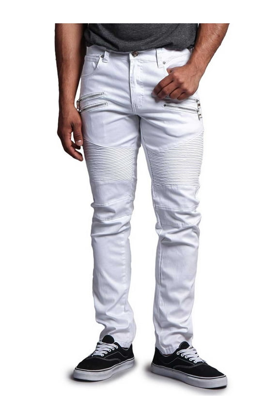 Victorious Men's Coated Slim Fit Moto Pants Biker Jeans - White - 34/30