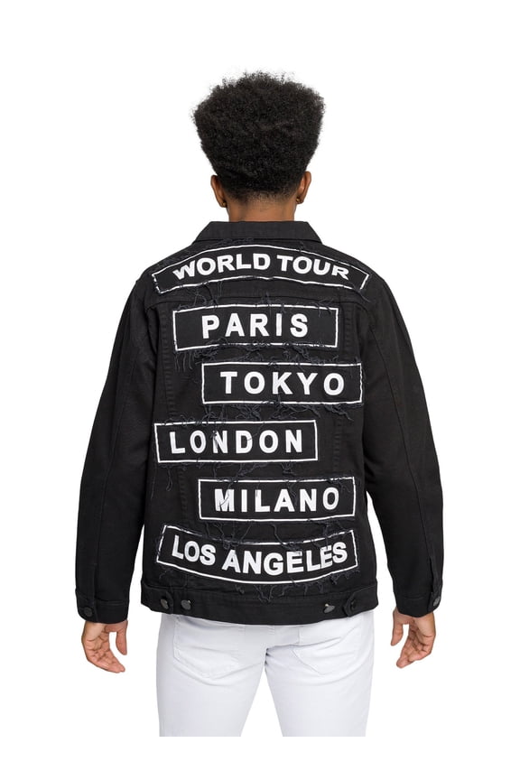 Victorious Men's Colored City Patch World Tour Denim Jean Jacket DK192 - Black - 3X-Large