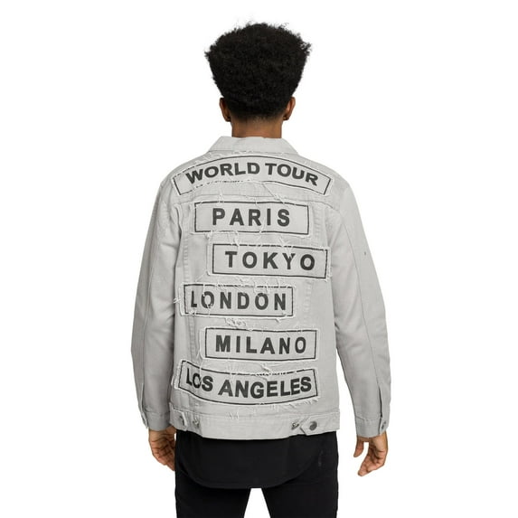 Victorious Men's Colored City Patch World Tour Denim Jean Jacket DK192 - Gray - X-Large