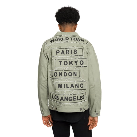 Victorious Men's Colored City Patch World Tour Denim Jean Jacket DK192 - Jade - Small