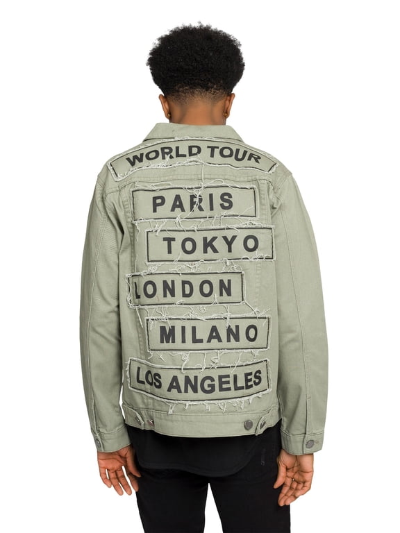 Victorious Men's Colored City Patch World Tour Denim Jean Jacket DK192 - Jade - Small
