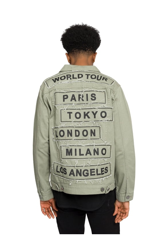 Victorious Men's Colored City Patch World Tour Denim Jean Jacket DK192 - Jade - Small