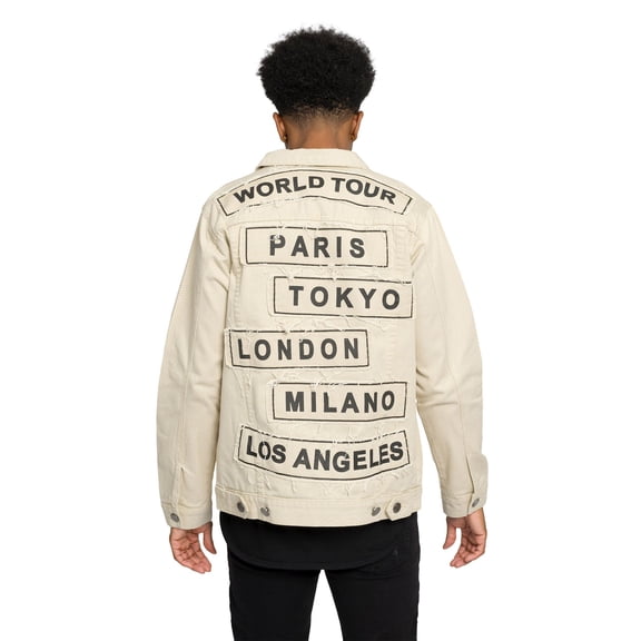 Victorious Men's Colored City Patch World Tour Denim Jean Jacket DK192 - Sand - Medium