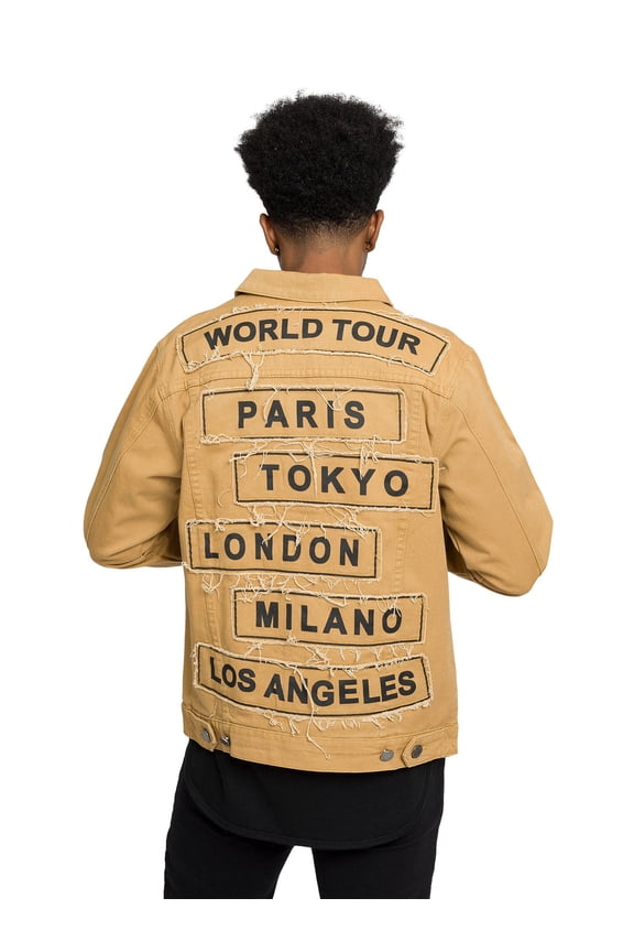 Victorious Men's Colored City Patch World Tour Denim Jean Jacket DK192 - Wheat - 2X-Large