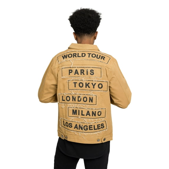 Victorious Men's Colored City Patch World Tour Denim Jean Jacket DK192 - Wheat - Medium