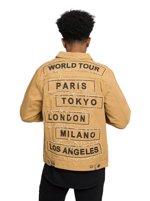 Victorious Men's Colored City Patch World Tour Denim Jean Jacket DK192 - Wheat - Small