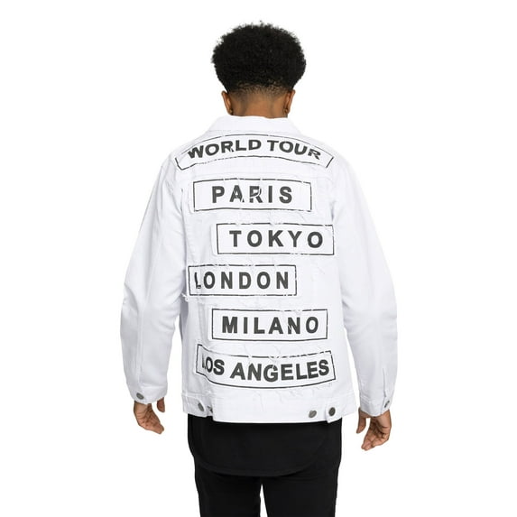 Victorious Men's Colored City Patch World Tour Denim Jean Jacket DK192 - White - Medium