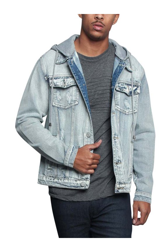 Victorious Men's Detachable Hood Layered Look Distressed Denim Jacket DK135 - ICE - 2X-Large
