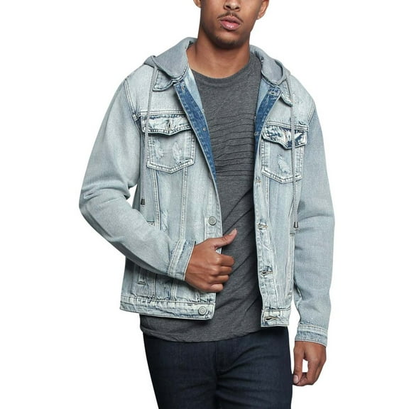 Victorious Men's Detachable Hood Layered Look Distressed Denim Jacket DK135 - ICE - X-Large