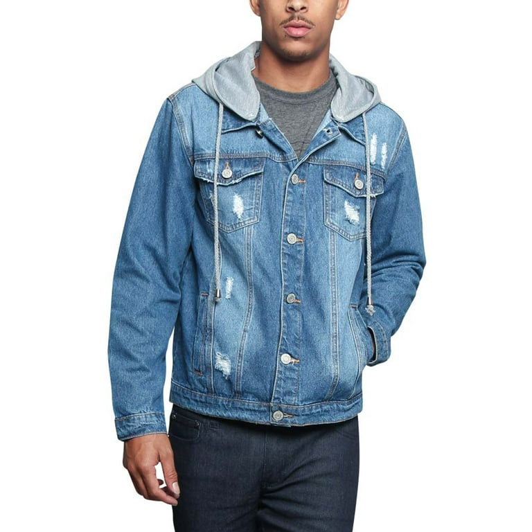 Victorious Men s Detachable Hood Layered Look Distressed Denim Jacket DK135 Indigo 4X Large