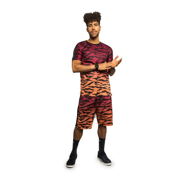 Victorious Men's Dip Dye Gradient Tiger Camo Short Sleeve Top and Shorts Tracksuit Set - Red - Small