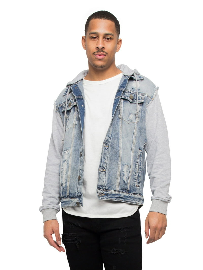 Victorious Men's Distressed Fleece Hoodie Sleeve Denim Jean Jacket