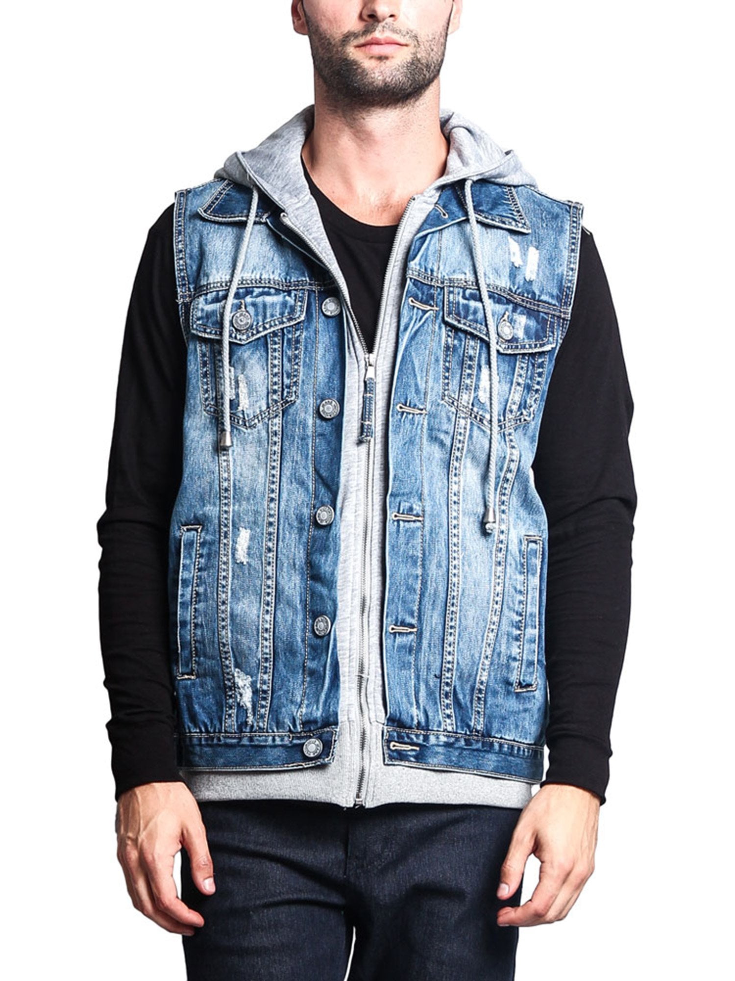 Victorious Men's Layered Hoodie Denim Vest, Distressed Victorious Men's Layered Hoodie Denim Vest, Distressed