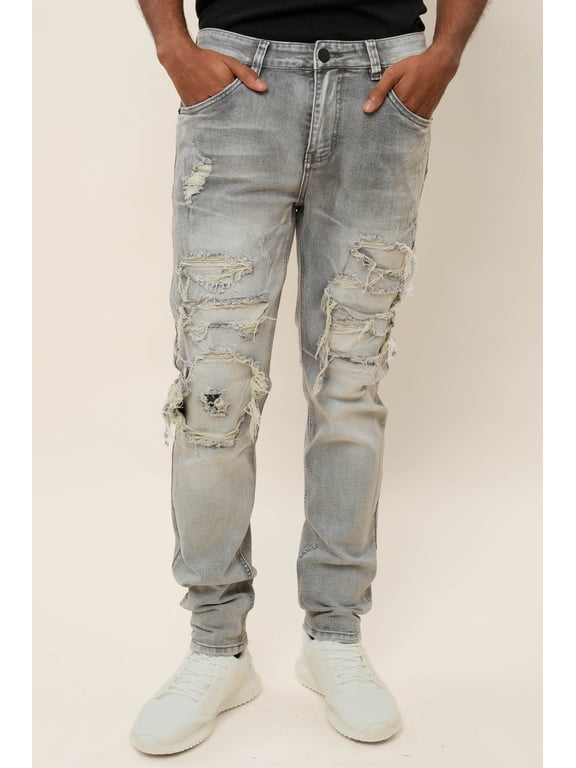 Victorious Men's Distressed Rip and Repair Denim Jeans DL1119 - Gray - 30/32