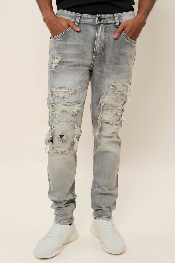 Victorious Men's Distressed Rip and Repair Denim Jeans DL1119 - Gray - 30/32