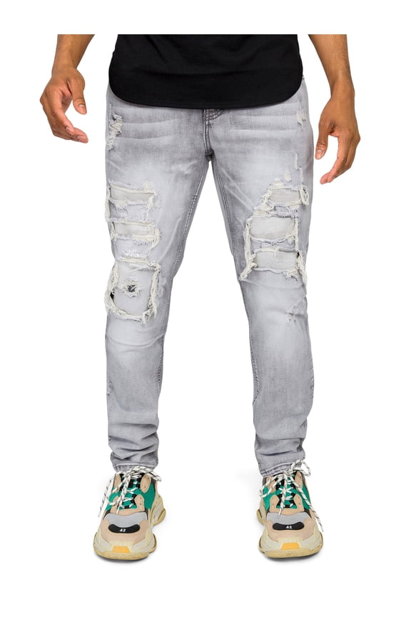 Victorious Men's Distressed Rip and Repair Denim Jeans DL1119 - Gray - 30/32