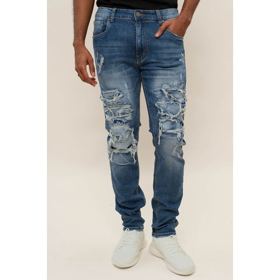 Victorious Men's Distressed Rip and Repair Denim Jeans DL1119 - Indigo - 40/32