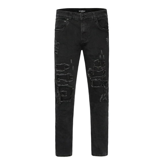 Victorious Men's Distressed Rip and Repair Denim Jeans DL1119 - JETBLACK - 44/32