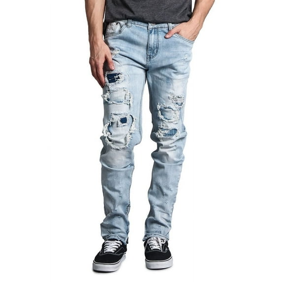 Victorious Men's Distressed Rip and Repair Denim Jeans DL1119 - Light Indigo - 34/32