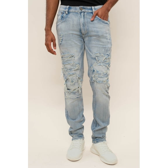 Victorious Men's Distressed Rip and Repair Denim Jeans DL1119 - Light Indigo - 42/32
