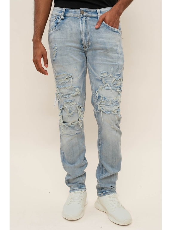 Victorious Men's Distressed Rip and Repair Denim Jeans DL1119 - Light Indigo - 42/32