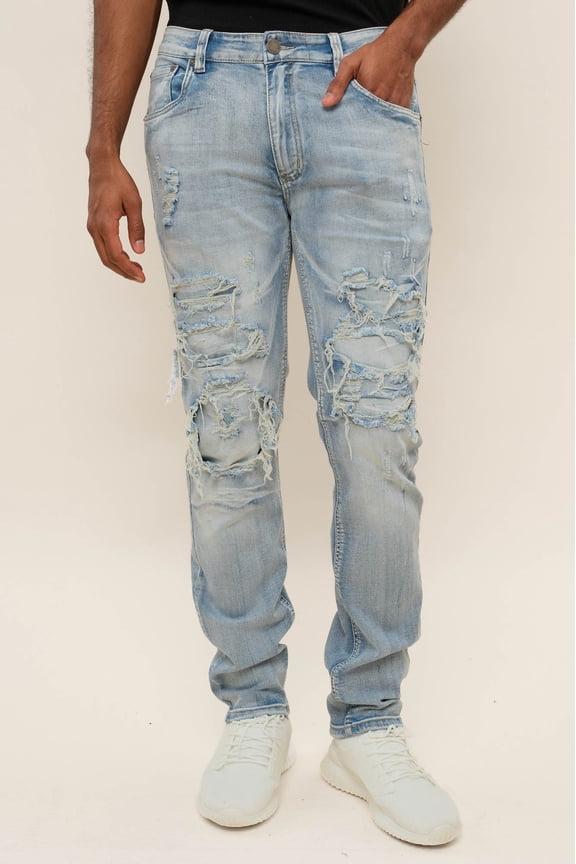 Men's Distressed Rip and Repair Denim Jeans DL1119 - Light Indigo - 44/32