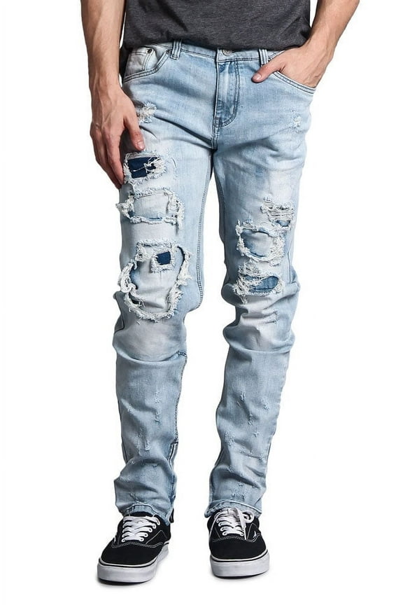 Victorious Men's Distressed Rip and Repair Denim Jeans DL1119 - Light Indigo - 44/32