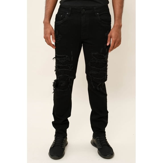 Victorious Men's Distressed Rip and Repair Denim Jeans DL1119 - Spider Black - 42/32