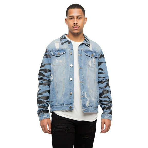 Victorious Men's Distressed Tiger Stripe Camo Sleeve Denim Jean Jacket DK154 - Indigo - Medium