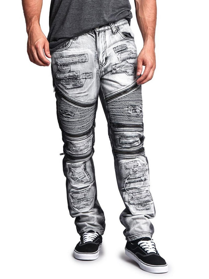 Victorious Men's Distressed Wash Slim Fit Moto Pants Biker Jeans