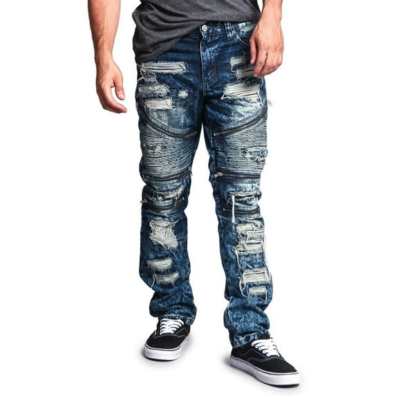 Victorious Men's Distressed Wash Slim Fit Moto Pants Biker Jeans - Dark Indigo - 32/32