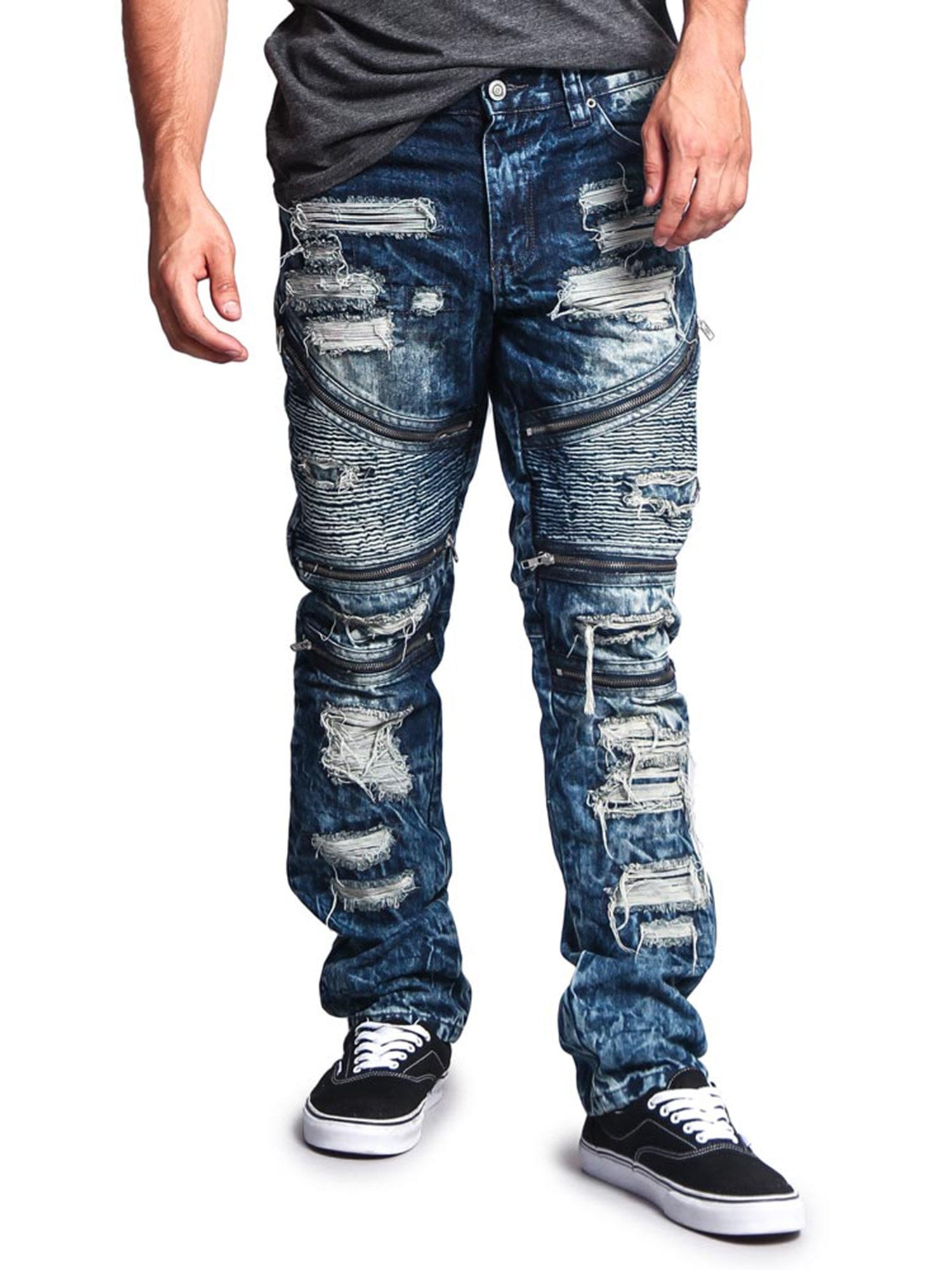 Victorious Men's Distressed Wash Slim Fit Moto Pants Biker Jeans - Dark  Indigo - 34/32 