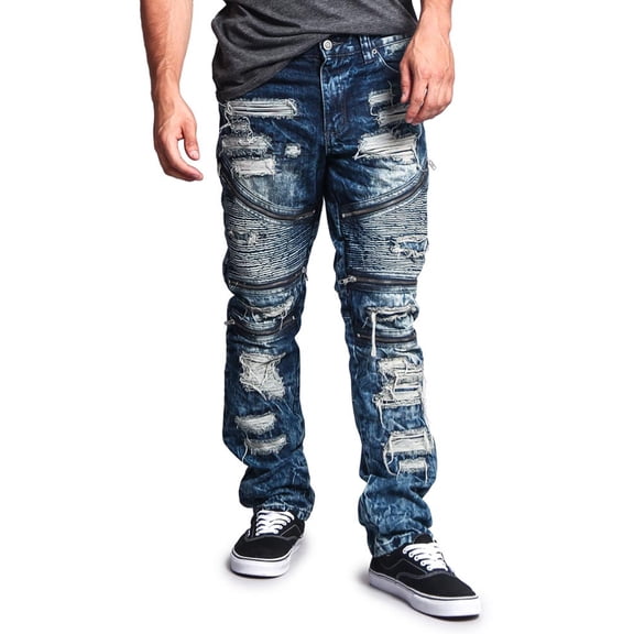 Victorious Men's Distressed Wash Slim Fit Moto Pants Biker Jeans - Dark Indigo - 38/30