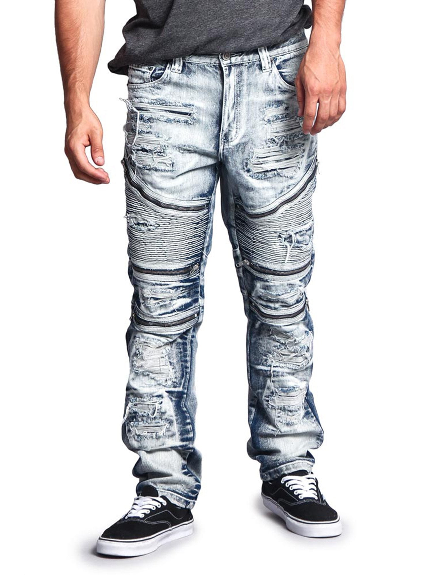 Victorious Men's Distressed Wash Slim Fit Moto Pants Biker Jeans - Ice -  34/30 