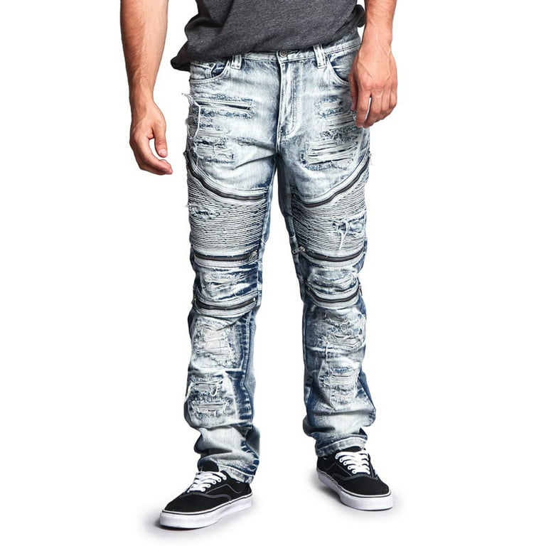 Victorious Men's Distressed Wash Slim Fit Moto Pants Biker Jeans - Ice -  34/30