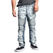 Victorious Mens Distressed Wash Slim Fit Moto Pants Biker Jeans - Ice - 36/30