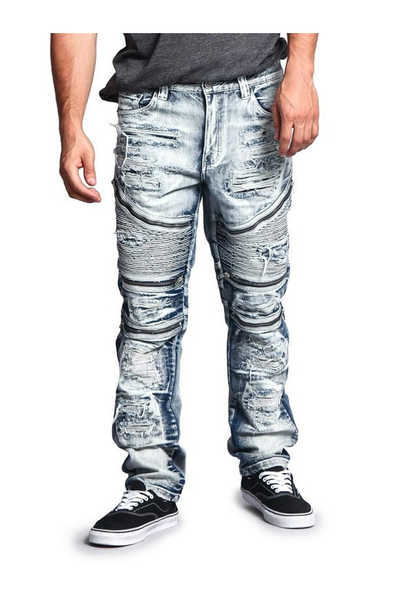Victorious Men's Distressed Wash Slim Fit Moto Pants Biker Jeans - Ice - 36/30