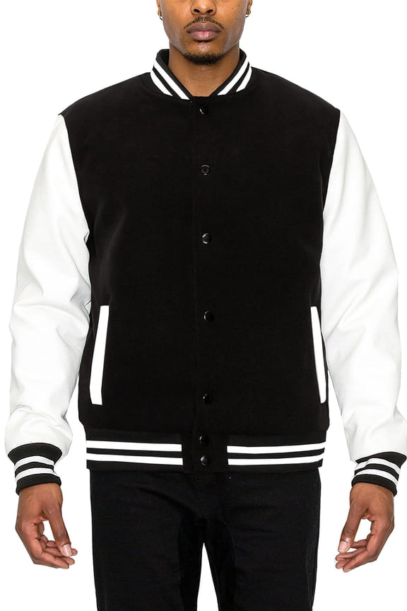 Men's Essential Melton Varsity Jacket Black/White JK5073 2X-Large