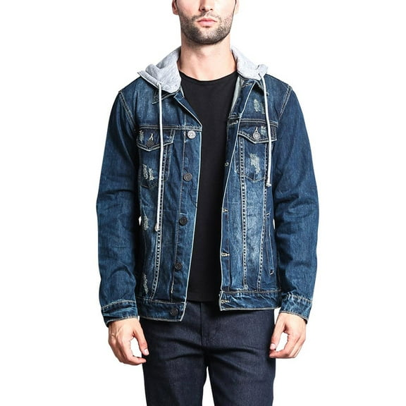 Victorious Men's Hoodie Layered Distressed Denim Jacket with Removable Hood DK109 - Dark Indigo - 3X-Large