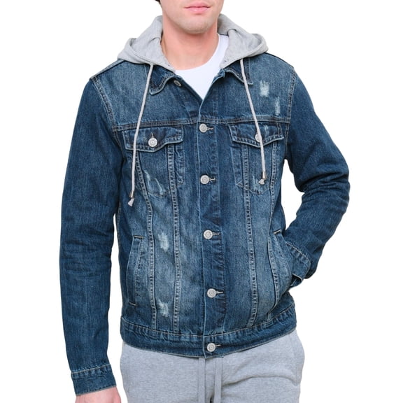 Victorious Men's Hoodie Layered Distressed Denim Jacket with Removable Hood DK109 - Dark Indigo - Medium