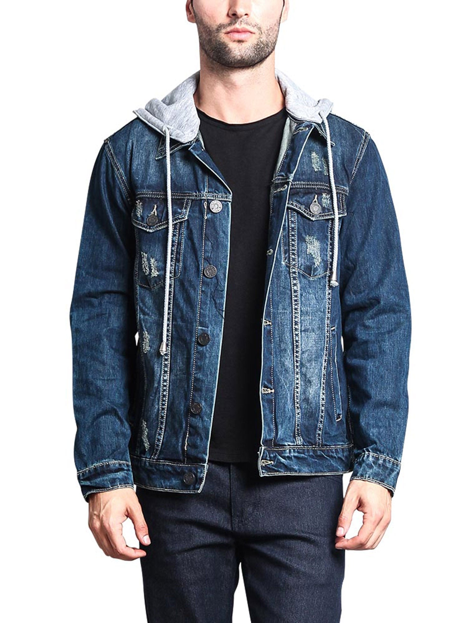 Victorious Men s Hoodie Layered Distressed Denim Jacket with Removable Hood DK109 Dark Indigo Medium
